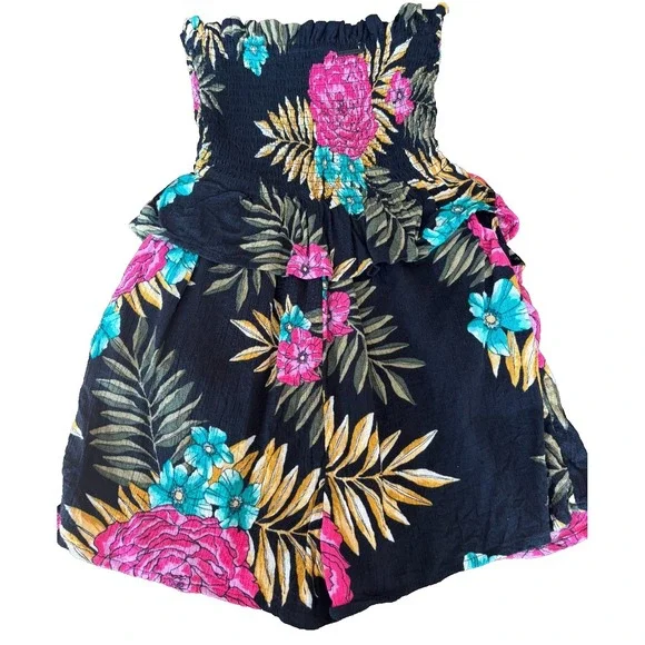 Women's Billabong Strapless Romper Hawaiian Print on black ruched bodice Sz Xs - Picture 2 of 9
